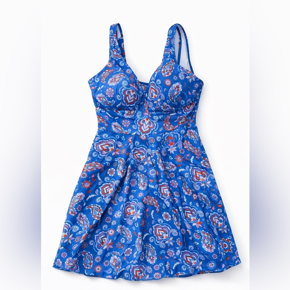 SHEKINI Blue Paisley Swim Dress L NWT Tummy Control One Piece Swimdress